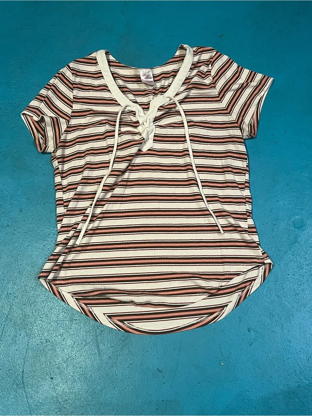 No Boundaries Striped Lace-Up Short Sleeve Top in White and Brown